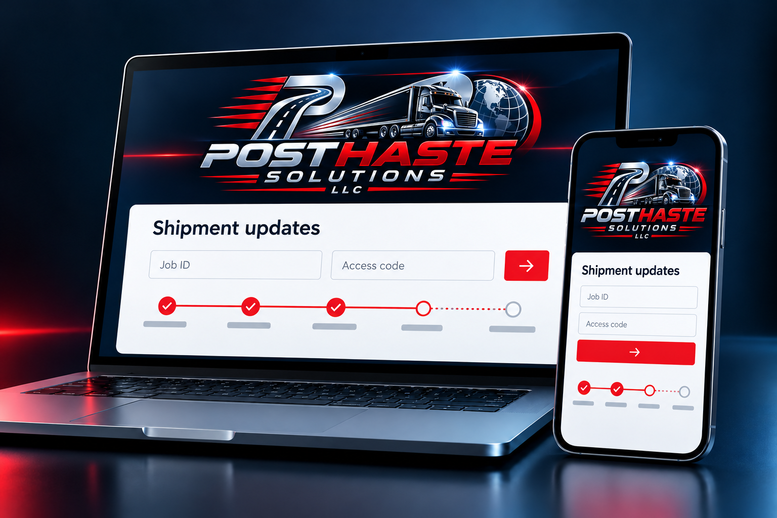 Illustration of Posthaste shipment tracking on a computer and phone, using the dark hero logo